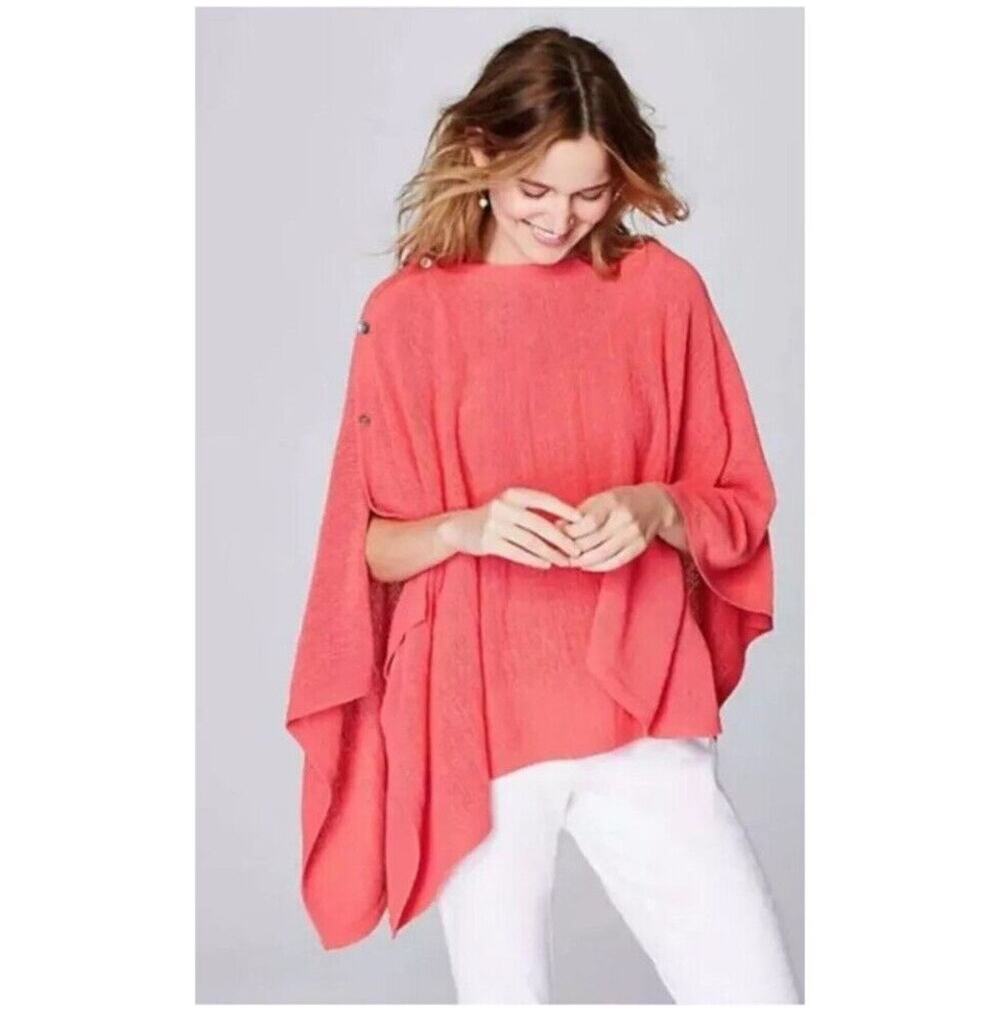 J.JILL Gia One Size Poncho Kimono Cotton Blend Coral Buttons 2-Way Knit Casual